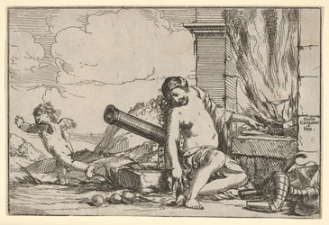 Ogień, reprezentowany przez Wenus siedzącą przed kuźnią Wulkana, ze zbroją, armatą i armatą..., 1640-60.