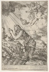 Magdalena pokutująca klęcząca na kamienistej ziemi przed czaszką i kośćmi, maść...,ok. 1640-55.