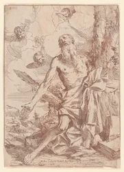 Święty Hieronim klęczący przy drzewie z rozpostartymi ramionami, 1640-60.