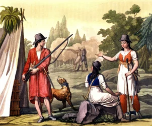 Buccaneers i kobiety bardziej zadziorne: pirat Jack Rackham mówi Red lub John Rackham, lepiej znany jako Calico Jack (? -1720) reprezentowany z Anne Bonny (Bonney) i Mary (Marc) Read w Indiach Zachodnich. Talerz zaczerpnięty z „Stary i współczesny strój” F