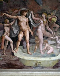 Kąpiel Marsa i Wenus, fresk Giulio Romano (1499-1546), północna ściana Komnaty Kupidyna i Psyche, Palazzo Te, Mantua (Lista światowego dziedzictwa UNESCO, 2008), Lombardia, Włochy