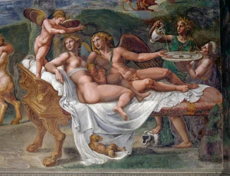 Kupidyn i Psyche z córką Voluptas (Przyjemność) leżącą na łóżku, detal z Uczty weselnej lub Bankietu bogów, Palazzo Te, Mantua (Lista światowego dziedzictwa UNESCO, 2008), Lombardia, Włochy