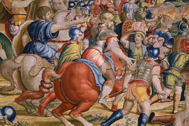 Flamandzki gobelin. Seria Dzieje Scypiona: Bitwa pod Zamą. Rysownik Giulio Romano. Atelier Balthasara van Vlierdena (?), Bruksela. 1523-1532. Szczegół.