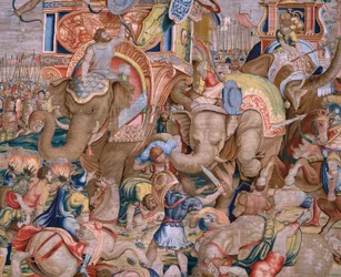 Flamandzki gobelin. Seria Akty Scypiona. Bitwa pod Zamą. Rysownik Giulio Romano. Atelier Balthasara van Vlierdena (?), Bruksela. 1523-1532. Szczegół.
