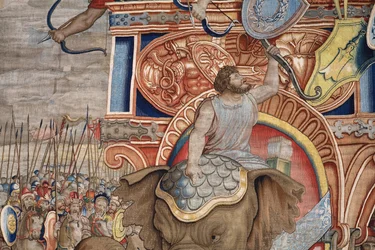 Flamandzki gobelin. Seria Akty Scypiona. Bitwa pod Zamą. Rysownik Giulio Romano. Atelier Balthasara van Vlierdena (?), Bruksela. 1523-1532. Szczegół.