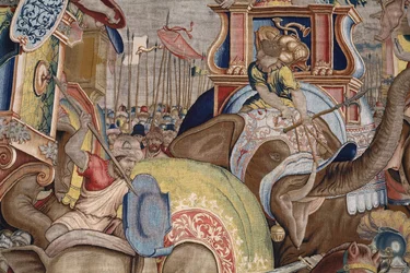Flamandzki gobelin. Seria Akty Scypiona. Bitwa pod Zamą. Rysownik Giulio Romano. Atelier Balthasara van Vlierdena (?), Bruksela. 1523-1532. Szczegół.