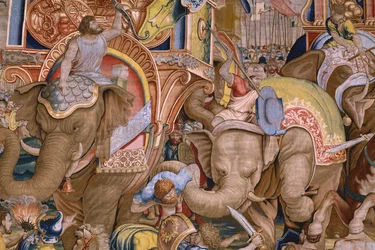 Flamandzki gobelin. Seria Dzieje Scypiona: Bitwa pod Zamą. Rysownik Giulio Romano. Atelier Balthasara van Vlierdena (?), Bruksela. 1523-1532. Szczegół.