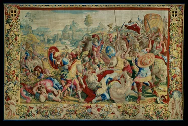 Historia Scypiona: Bitwa pod Ticino, pierwszy fragment gobelinu, wełna i jedwab, gobelin ...