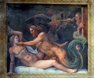 Olimpia zostaje uwiedziona przez Jowisza, którego piorun chwyta orzeł wiercący oko zazdrosnego króla Macedonii, z Sali Amore e Psiche, 1528