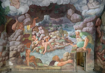Sala dei Giganti, szczegół zniszczenia gigantów przez pioruny Jowisza, fragment fresku z 1536 r. z 78482