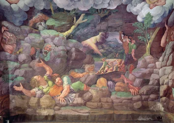 Sala dei Giganti, szczegół zniszczenia gigantów przez pioruny Jowisza, fragment fresku z 1536 r. z 78482