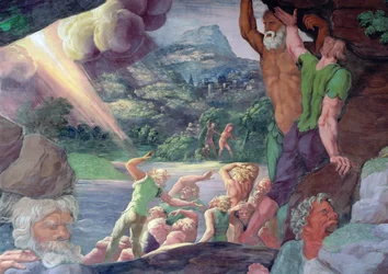 Sala dei Giganti, szczegół zniszczenia gigantów przez pioruny Jowisza, fragment fresku z 1536 r. z 78482