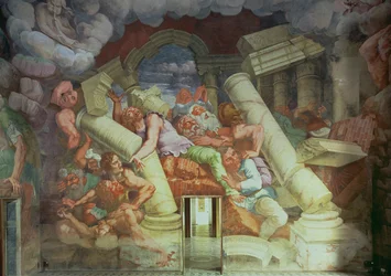 Sala dei Giganti, szczegół zniszczenia olbrzymów przez pioruny Jowisza, fresk z 1536 r., patrz 78488