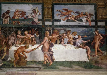 Uczta weselna albo uczta bogów, fresk Giulio Romano (1499-1546), zachodnia ściana Komnaty Kupidyna i Psyche, Palazzo Te, Mantua (Lista światowego dziedzictwa UNESCO, 2008), Lombardia, Włochy