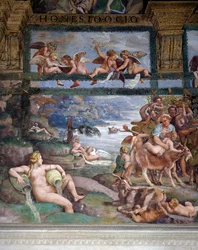 Uczta weselna lub bankiet bogów, fresk Giulio Romano (1499-1546), zachodnia ściana Komnaty Kupidyna i Psyche, Palazzo Te, Mantua (Lista Światowego Dziedzictwa UNESCO, 2008), Lombardia, Włochy