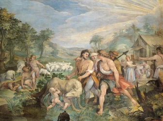 Romulus i Remus, karmieni przez wilczycę, odnalezieni przez Faustulusa nad brzegiem Tybru, autorstwa Giuseppego Cesari (1568-1640), fresk, Sala Horacjuszy i Kuriacjuszy, Pałac Konserwatorów, Rzym, Królestwo Rzymskie, Włochy