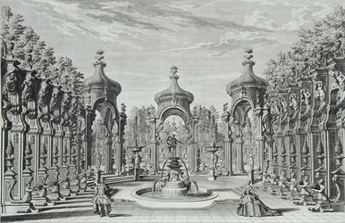Projekt rozrywki w ogrodzie, z „Architectus Theatralis Primarius”, sztychowany przez Johanna Andreasa Pfeffela (1674-1748), opublikowany 1740 (rycina)