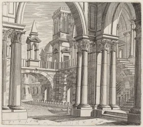Fantazja architektoniczna z budynkami, schodami i portalami przy kanale