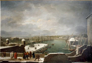 Widok na port w Genui pokryty śniegiem (olej na płótnie)