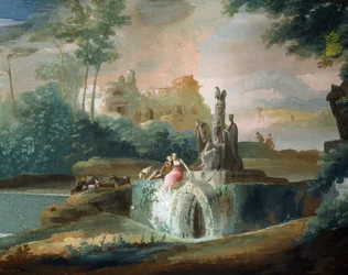 Wspaniała scena pasterzy w wyimaginowanym krajobrazie, autorstwa Giuseppe Bernardino Bison (1762-1844)