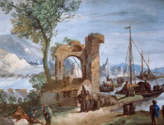 Wyimaginowany widok: Port z ruinami i wodospadem, autorstwa Giuseppe Bernardino Bison (1762-1844)