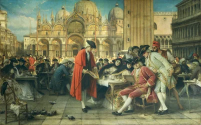 Malarz Francesco Guardi, rywal Canaletta, sprzedający swoje obrazy Giuseppe Bertini (1825-1898), olej na płótnie