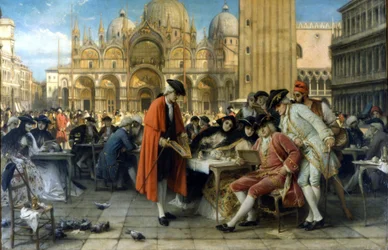 Malarz Francesco Guardi sprzedaje swoje obrazy przed kawiarnią Florian. 1892. Obraz Giuseppego Bertiniego. Galleria d