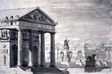 Neoklasyczny zestaw sceniczny, ok. 1825 (pióro i tusz oraz sepia na papierze)