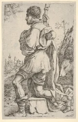 Św. Roch klęczący na kamieniu widziany z boku z psem za nim i miastami..., 1620-30.