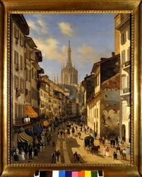 Widok na Corsia dei Servi (obecnie Corso Vittorio Emanuele) w Mediolanie. Obraz Giuseppe Canelli (1788-1847) 1834 Mediolan, Muzeum w Mediolanie