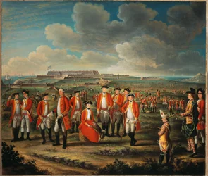 Lady Louisa Lennox z pułkiem męża, 25 Pułkiem Piechoty, z lordem Georgem Lennoxem obok niej i Fort St Philip, Port Mahon, w tle, ok. 1771