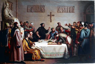 Przysięga Pontida Ceremonia sojuszu w dniu 07.04.1167 między gminami Lombardii przeciwko Świętemu Cesarstwu Rzymskiemu Fryderyka Barberossy. Stąd pochodzi Lega Lombarda (Liga Lombardzka). (Liga Północna). Obraz Giuseppe Diottiego (1779-1846)