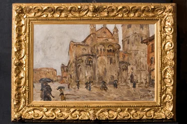 Piazza Grande w deszczu (olej na sklejce)