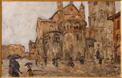Piazza Grande w deszczu (olej na sklejce)