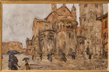 Piazza Grande w deszczu (olej na sklejce)