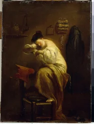 Kobieta szuka pcheł. (Kobieta szukająca pcheł). Obraz Giuseppe Marii Crespi (1665-1747), olej na płótnie, ok. 1710 r. Sztuka włoska (Bolonia)