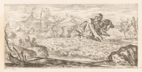 Polyphemus achtervolgt de vloot van Aeneas Tutaj Polifem jest obecny, okropny, kroczy przez równinę (tytuł na obiekcie) Omzwervingen van Aeneas (tytuł serii) L