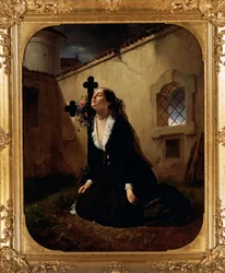 Opłakująca stratę bliskiej osoby lub żony pułkownika Manary przy grobie jej męża, Giuseppe Molteni (1800-1867), olej, płótno