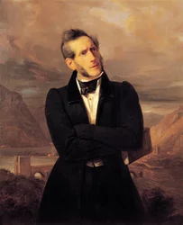 Portret Alessandro Manzoniego z widokiem Lecco, obraz Giuseppe Molteniego (1800-1867), pejzaż malowany przez Massimo d