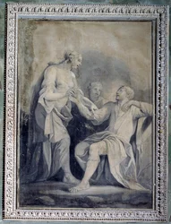 Ludzkość pomaga nieszczęściu (rysunek monochromatyczny)