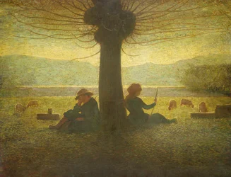Pasterz i pasterka odpoczywają pod drzewem, ok. 1905