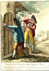 „Nie ma sensu zamykać stajni, gdy konie uciekły”. XVIII-wieczna rycina przedstawiająca serię przysłów. Giuseppe Piattoli (1740/50-1818)