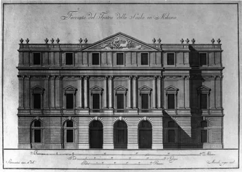 Rysunek architektury zewnętrznej fasady Teatro alla Scala (Theatre de la Scala) w Mediolanie zrealizowany przez Giuseppe Piermariniego (1734-1808).