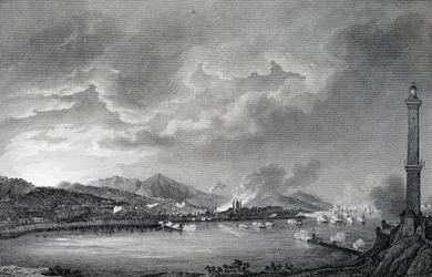 Bombardowanie Genui przez flotę angielską, 25 maja 1800, staloryt wg rysunku Giuseppe Pietro Bagetti (1764-1831), Paryż