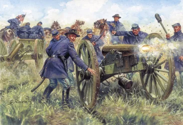 Amerykańska wojna secesyjna: Żołnierze Północy (Unii) używający broni podczas bitwy - ilustracja autorstwa Giuseppe Ravy