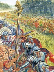 Starożytny Rzym: Armia rzymska w Dacji w czasach cesarza Trajana około 105 roku n.e. - Starożytny Rzym: Armia rzymska Trajana przeciwko Dacjanom - Ilustracja autorstwa Giuseppe Ravy