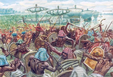 Starożytny Egipt: Bitwa o Deltę była bitwą morską między Egiptem a Ludami Morza, około 1175 r. p.n.e., kiedy to egipski faraon Ramzes III odparł wielką inwazję morską - Ilustracja autorstwa Giuseppe Rava