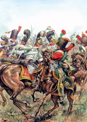 Bitwa pod Austerlitz 2/12/1805, bitwa pomiędzy żołnierzami Wielkiej Armii a Rosjanami i Austriakami - Bitwa pod Austerlitz, 2 grudnia 1805, pomiędzy armią Napoleona I a wojskami rosyjskimi i austriackimi - Ilustracja autorstwa Giuseppe Rava