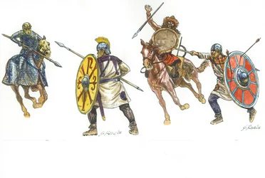 Katafrakt walczący z powieściowym legionistą i powieściowy legionista walczący z wojownikiem Hunów