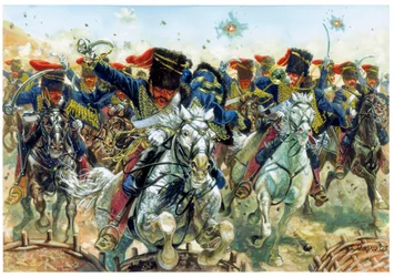 Wojna krymska: bitwa pod Bałakławą 25/10/1854, szarża angielskiej kawalerii - Wojna krymska: szarża kawalerii brytyjskiej podczas bitwy pod Bałakławą stoczonej 25 października 1854 - Ilustracja Giuseppego Ravy